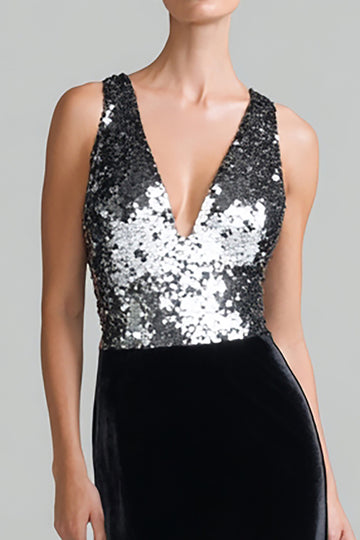 Black and Silver Mermaid V-Neck Formal Dress With Sequins